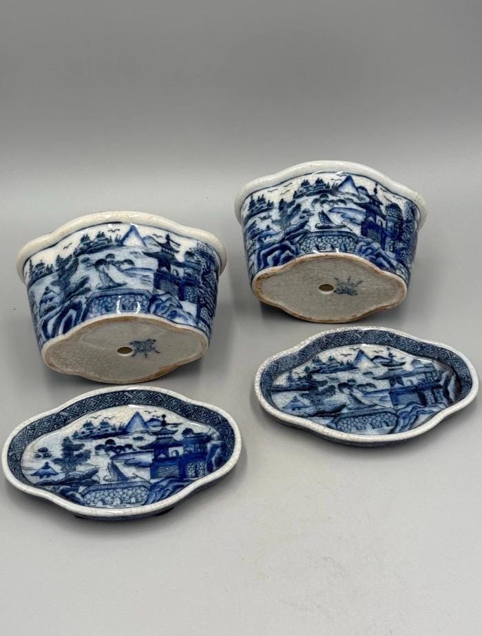 United Wilson JUWC Blue white planter with drip plate Staffordshire printed planter cache pot JUWC jardinare 2 available