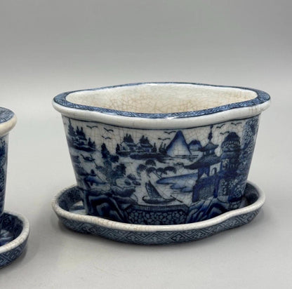United Wilson JUWC Blue white planter with drip plate Staffordshire printed planter cache pot JUWC jardinare 2 available