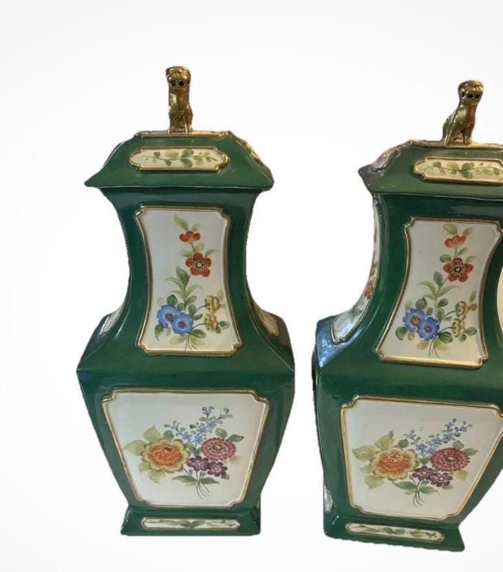 Chelsea House Lidded Vases Lidded Urns Pair of vases Foo Dig finial port royal Chelsea house