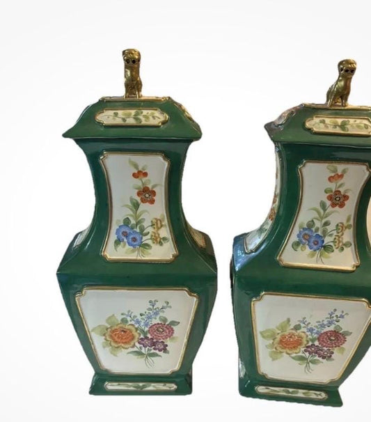 Chelsea House Lidded Vases Lidded Urns Pair of vases Foo Dig finial port royal Chelsea house