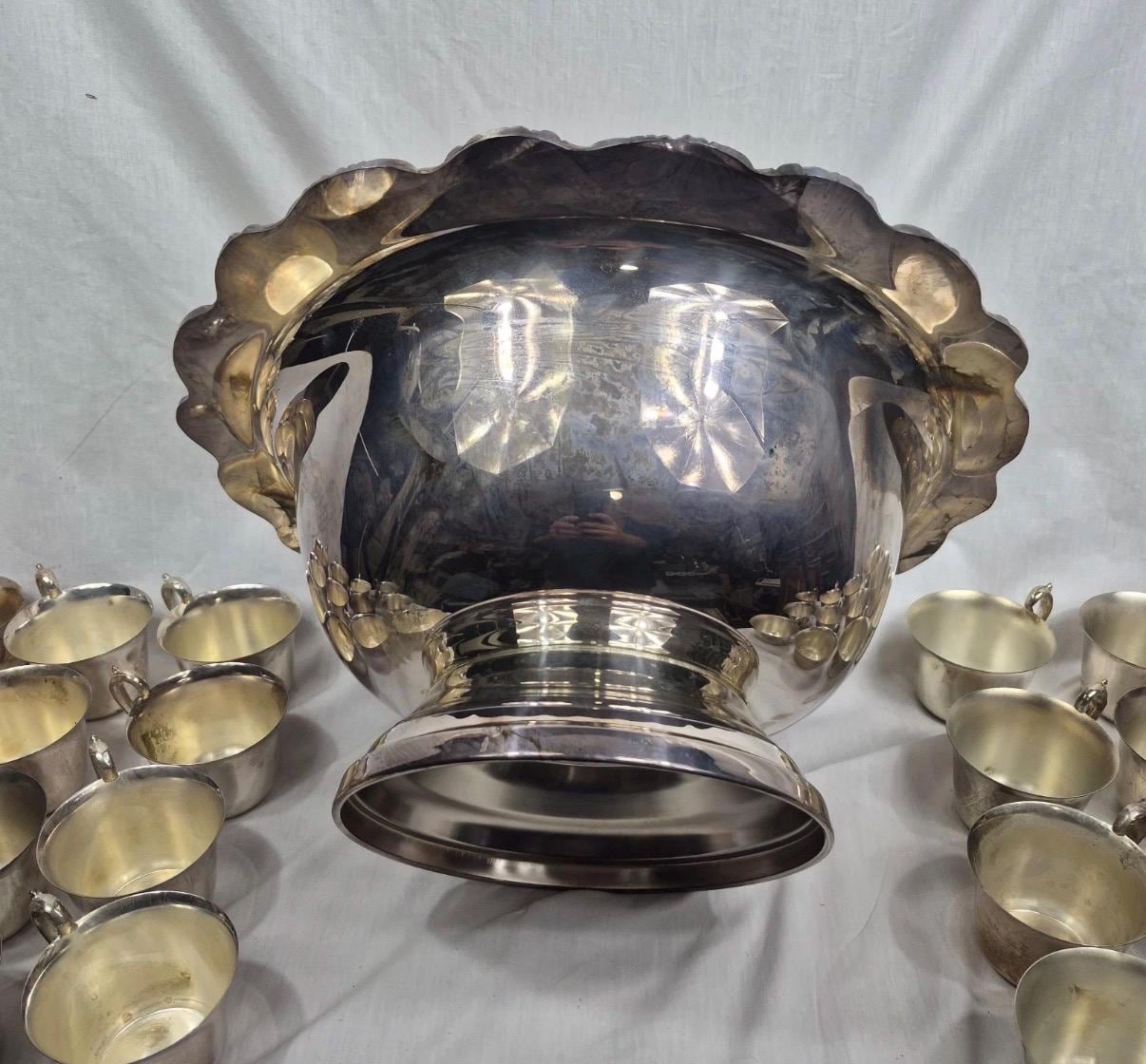 Silver punch bowl and cups silver plate punch bowl serving piece with matching cups wedding silver party service vintage silver plate