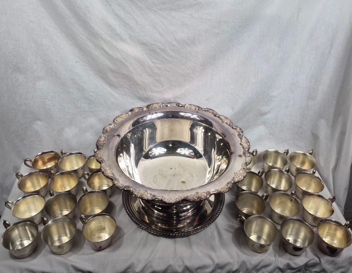 Silver punch bowl and cups silver plate punch bowl serving piece with matching cups wedding silver party service vintage silver plate