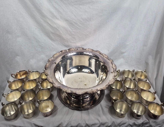 Silver punch bowl and cups silver plate punch bowl serving piece with matching cups wedding silver party service vintage silver plate