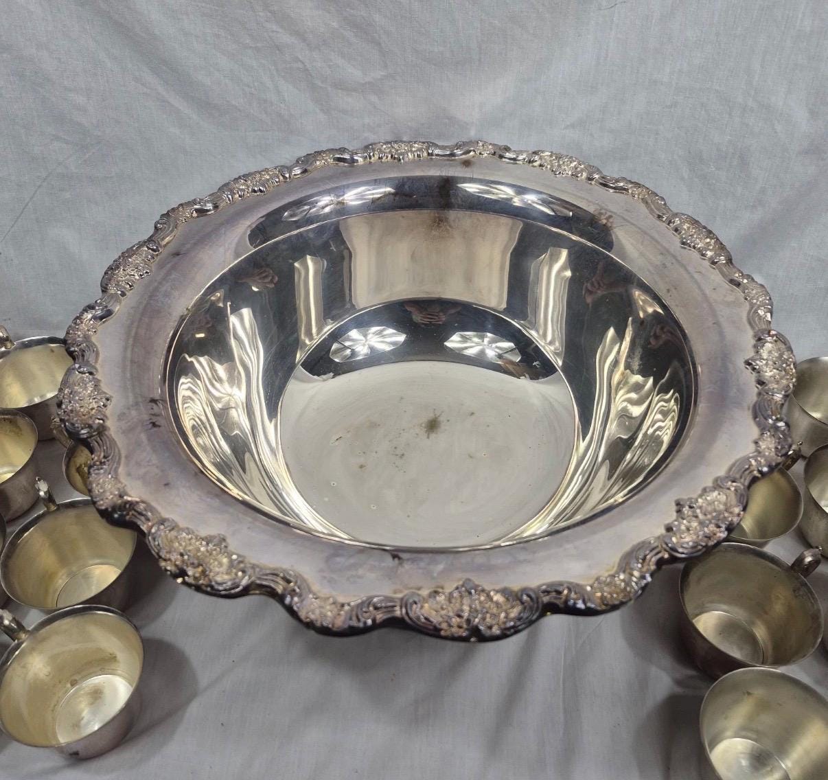 Silver punch bowl and cups silver plate punch bowl serving piece with matching cups wedding silver party service vintage silver plate