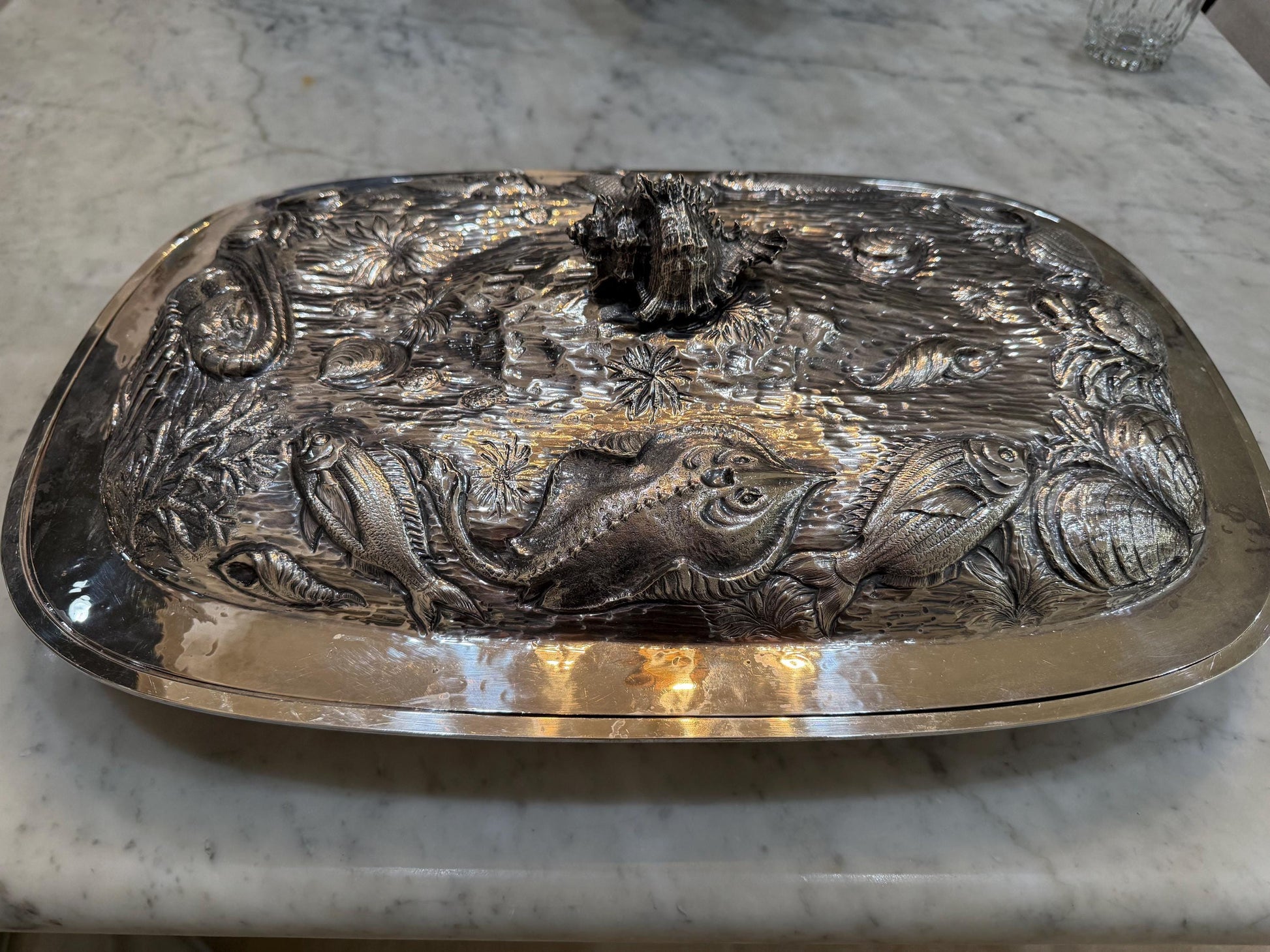 Silver Hand Made Domed Dish large Seafood Sea life theme 2 pices serving dish Vintage silver serving dish