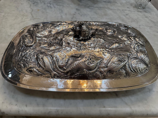 Silver Hand Made Domed Dish large Seafood Sea life theme 2 pices serving dish Vintage silver serving dish