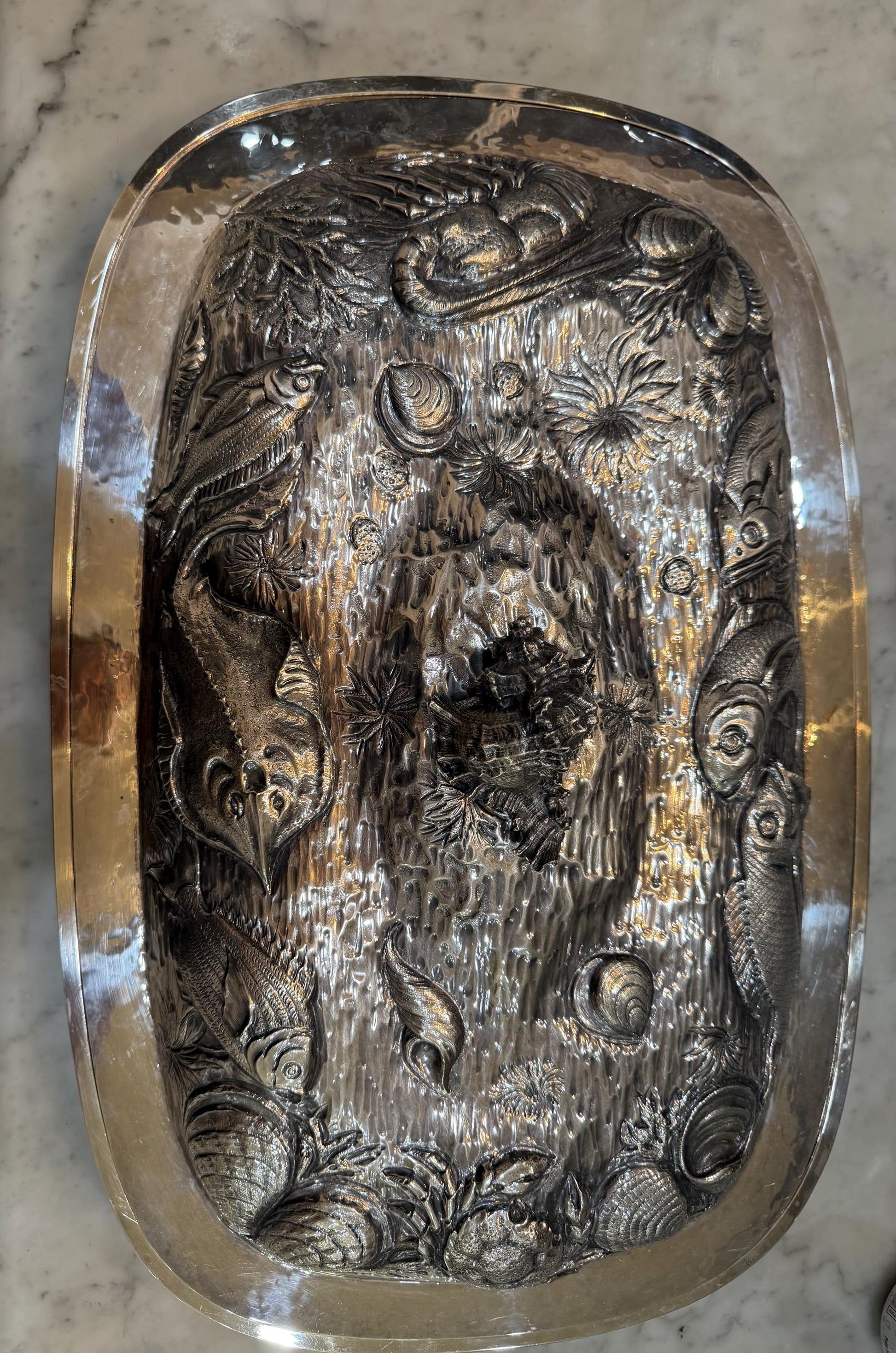 Silver Hand Made Domed Dish large Seafood Sea life theme 2 pices serving dish Vintage silver serving dish