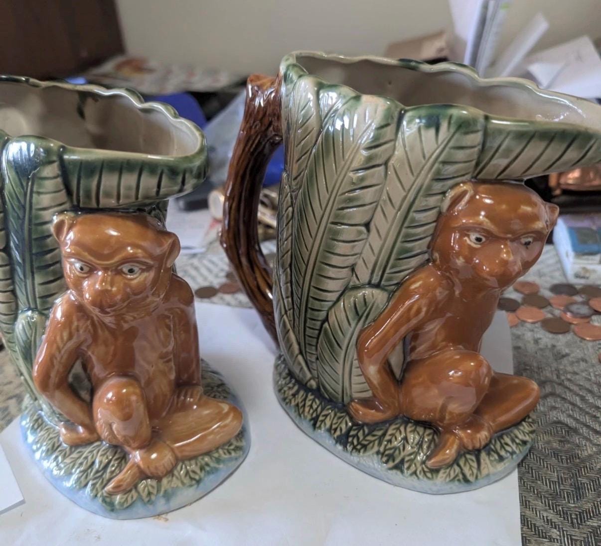 Majolica monkey pitcher Hollywood regency planter pitcher vintage monkey