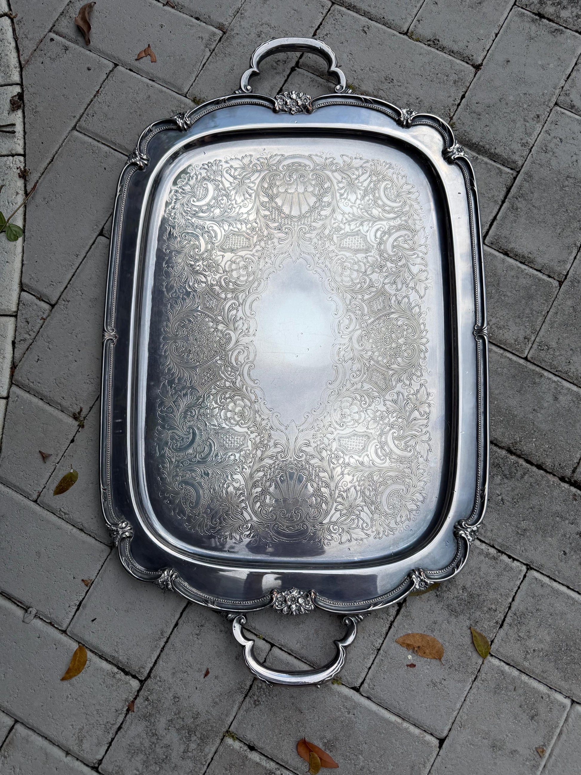 Silver Tray vintage large with shell detail Serving tray