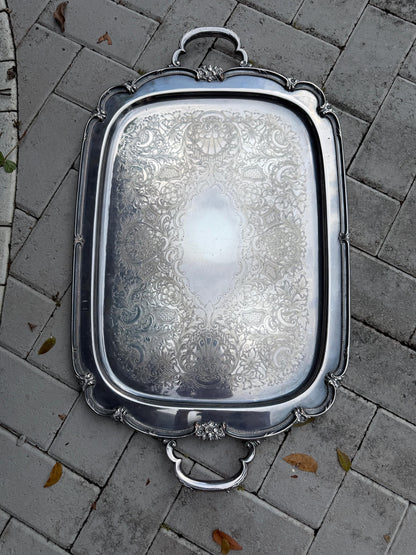 Silver Tray vintage large with shell detail Serving tray