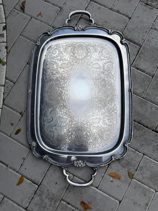 Silver Tray vintage large with shell detail Serving tray