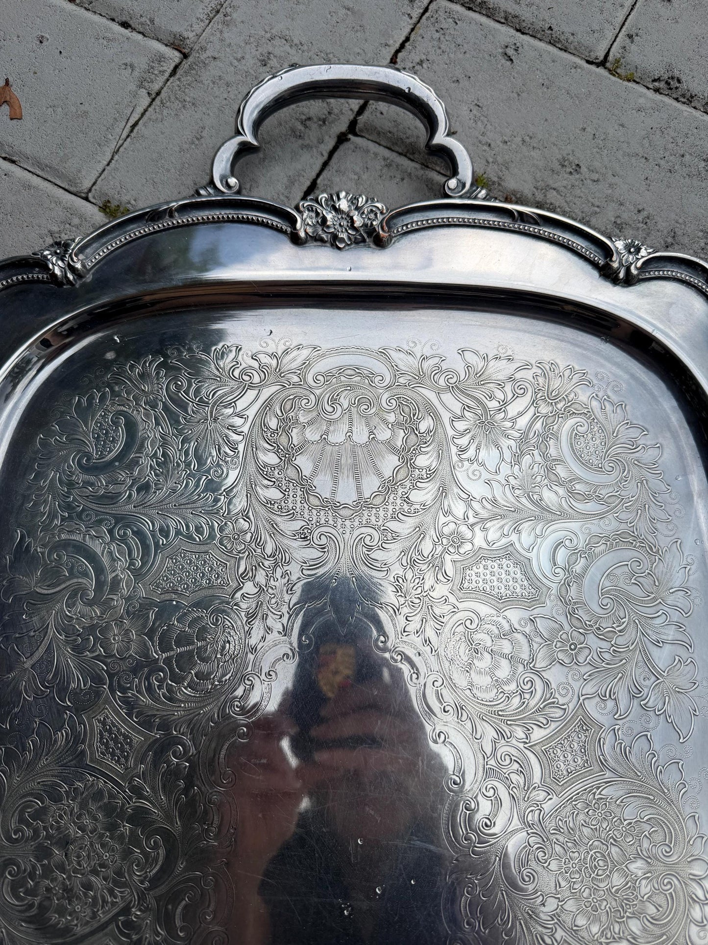 Silver Tray vintage large with shell detail Serving tray