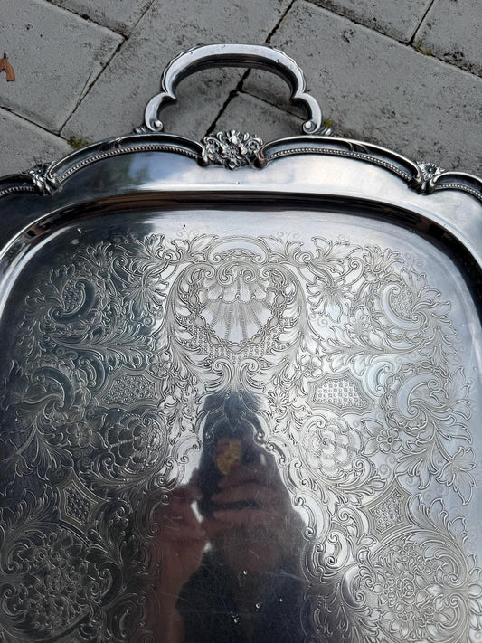 Silver Tray vintage large with shell detail Serving tray