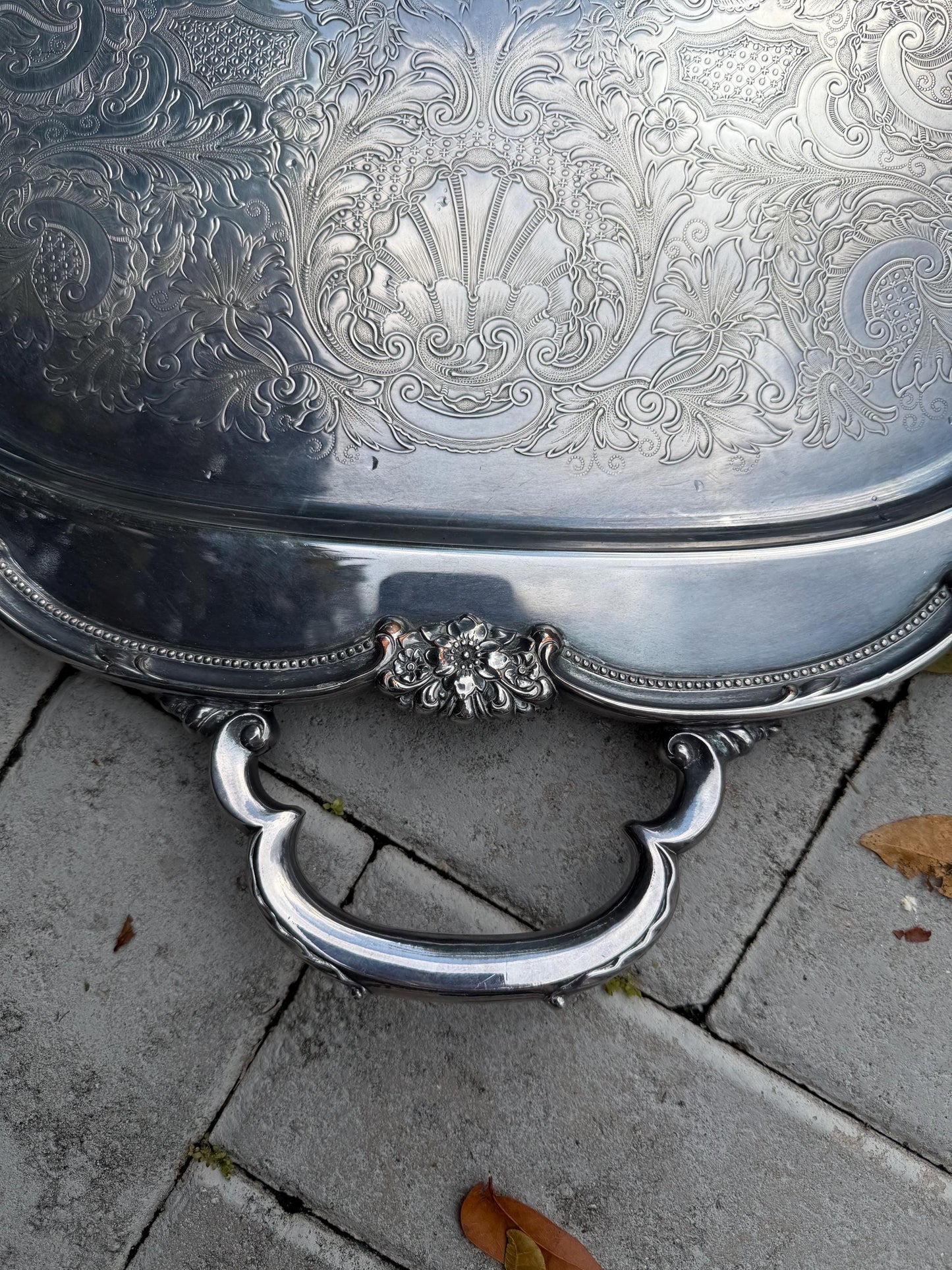 Silver Tray vintage large with shell detail Serving tray