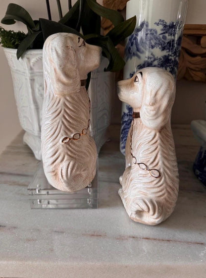 Staffordshire dogs pair Chinoserie Decorative dogs 8 inch tall staffy white gold hand painted Staffordshire dogs