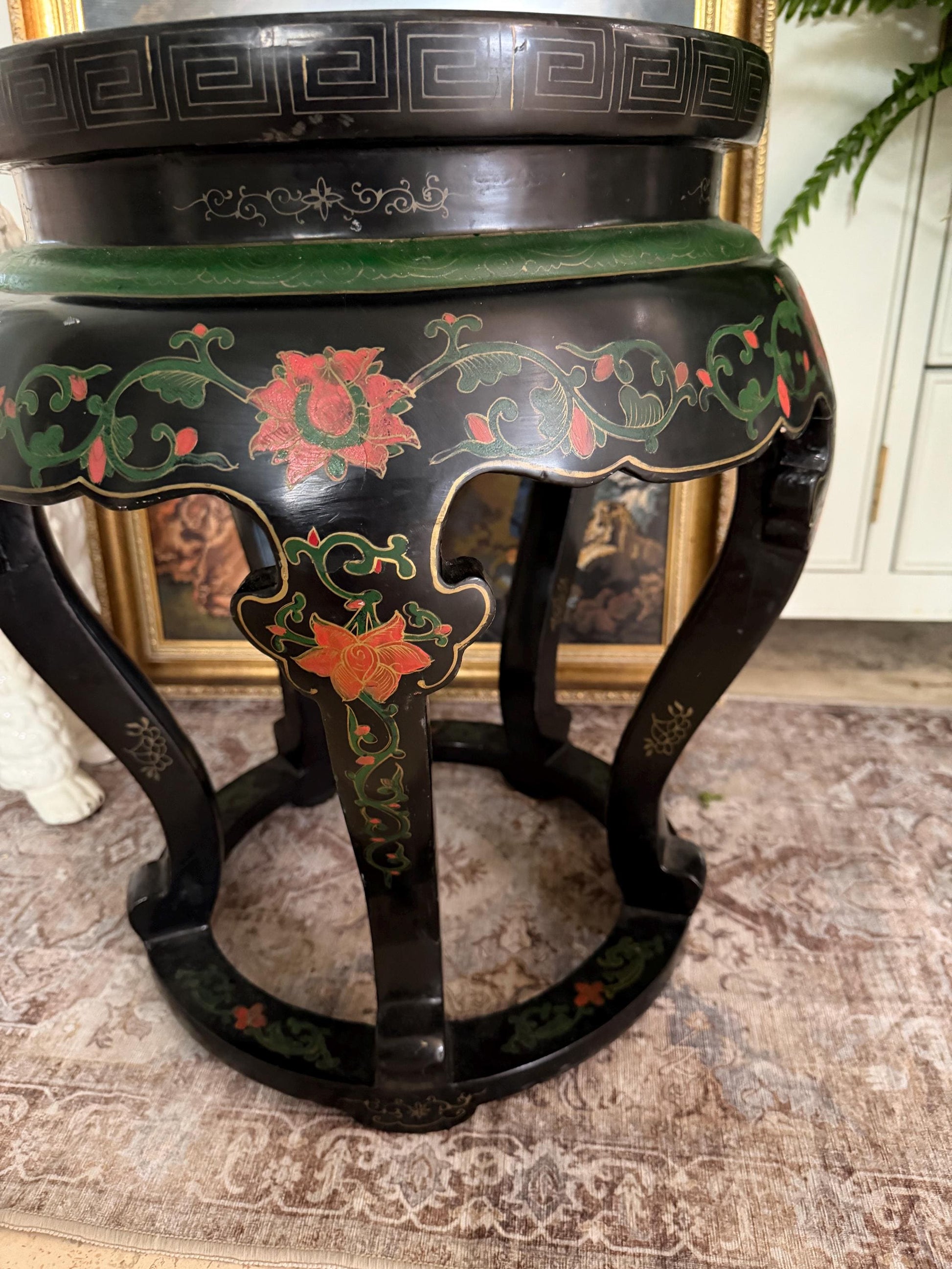 Cloisonné side table vintage Asian side table Black Laquer gold inlay table made in Beijing