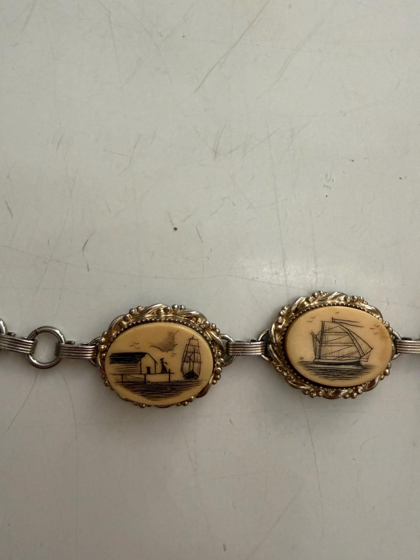 Vintage Nautical Scrimshaw Style Link Bracelet – Sailboat & Lighthouse Panels – Maritime Coastal Jewelry – Gold Tone Statement Bracelet
