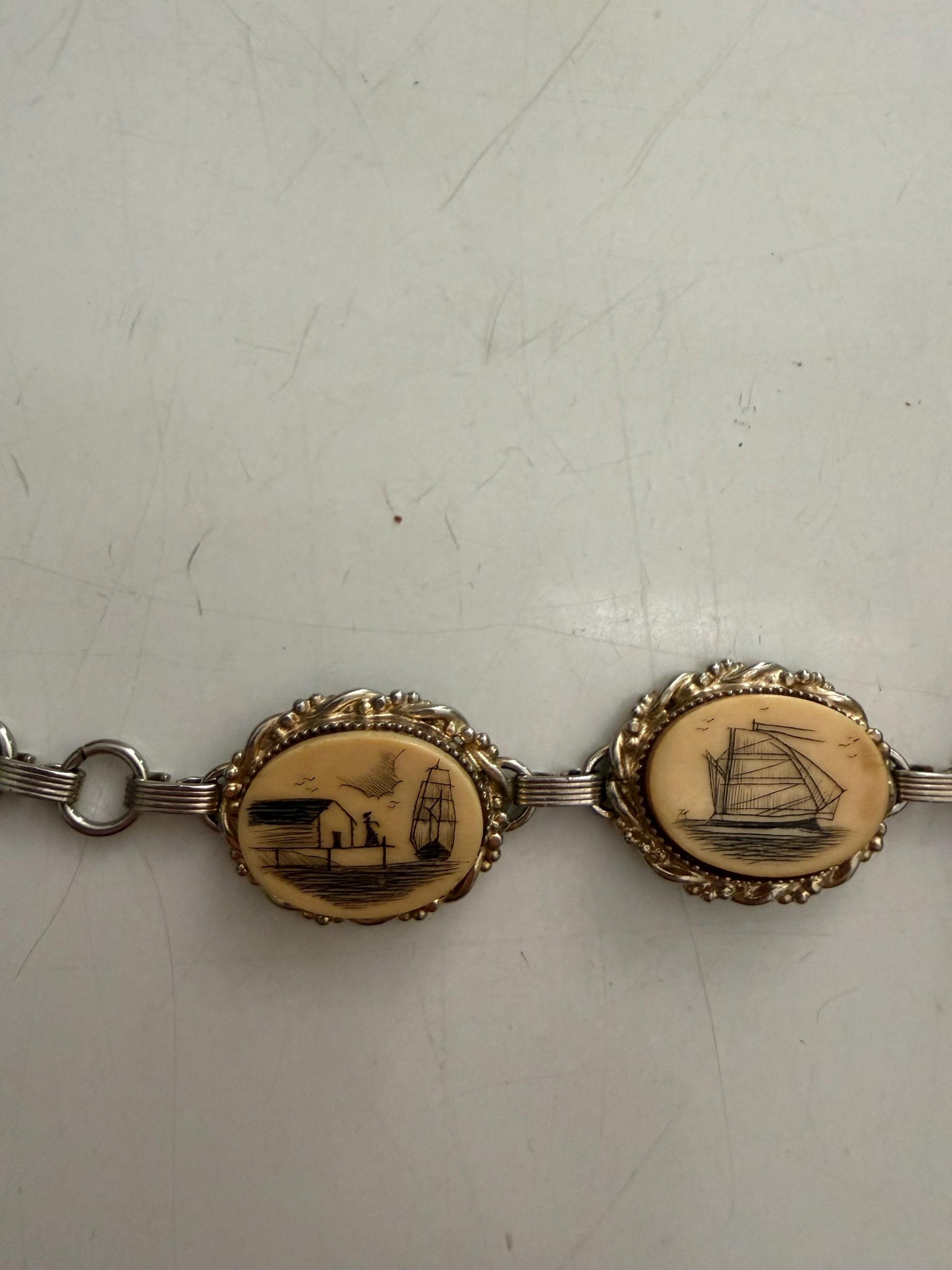 Vintage Nautical Scrimshaw Style Link Bracelet – Sailboat & Lighthouse Panels – Maritime Coastal Jewelry – Gold Tone Statement Bracelet