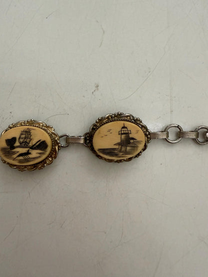 Vintage Nautical Scrimshaw Style Link Bracelet – Sailboat & Lighthouse Panels – Maritime Coastal Jewelry – Gold Tone Statement Bracelet