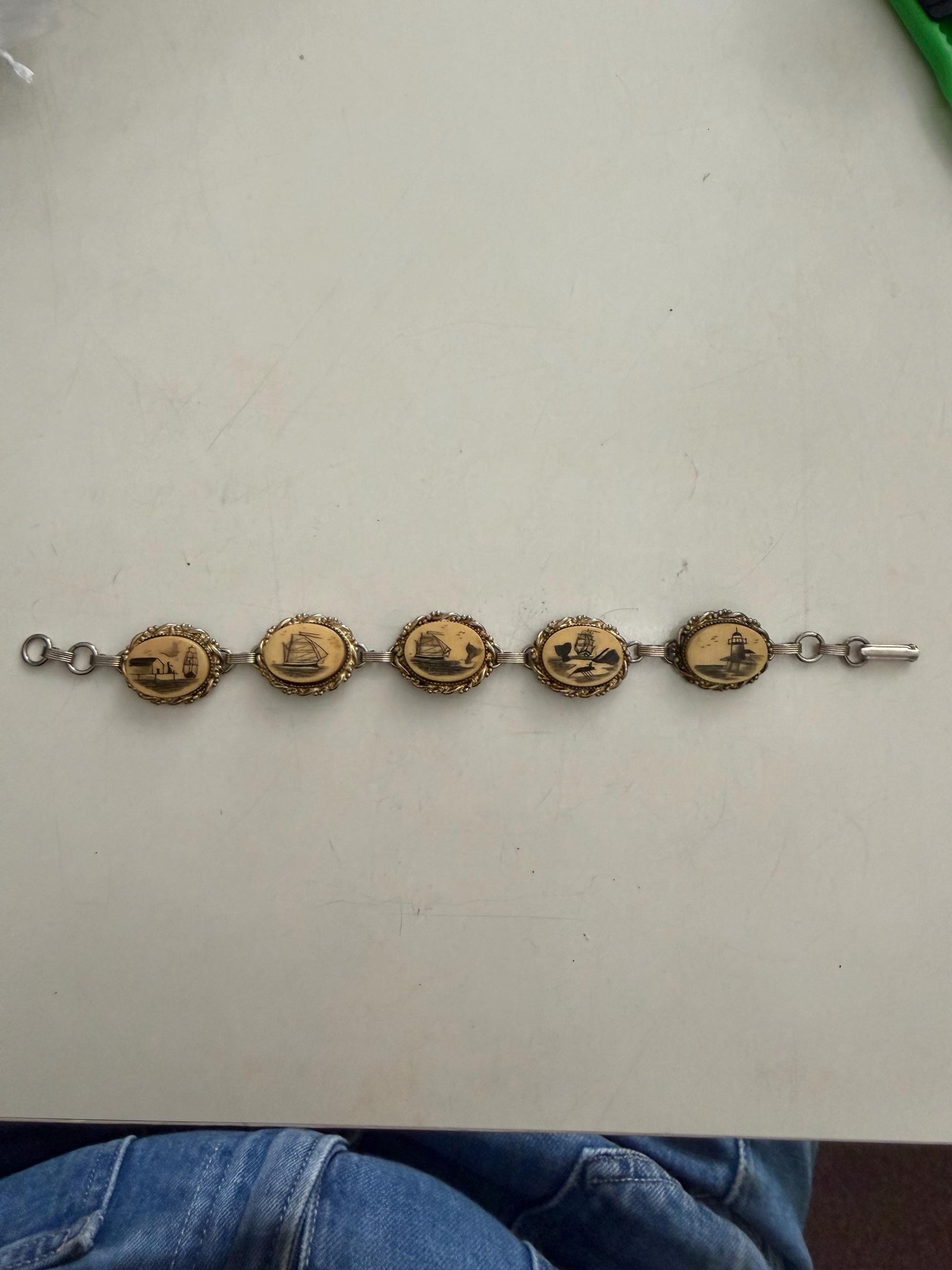 Vintage Nautical Scrimshaw Style Link Bracelet – Sailboat & Lighthouse Panels – Maritime Coastal Jewelry – Gold Tone Statement Bracelet