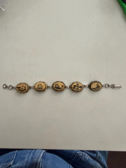 Vintage Nautical Scrimshaw Style Link Bracelet – Sailboat & Lighthouse Panels – Maritime Coastal Jewelry – Gold Tone Statement Bracelet