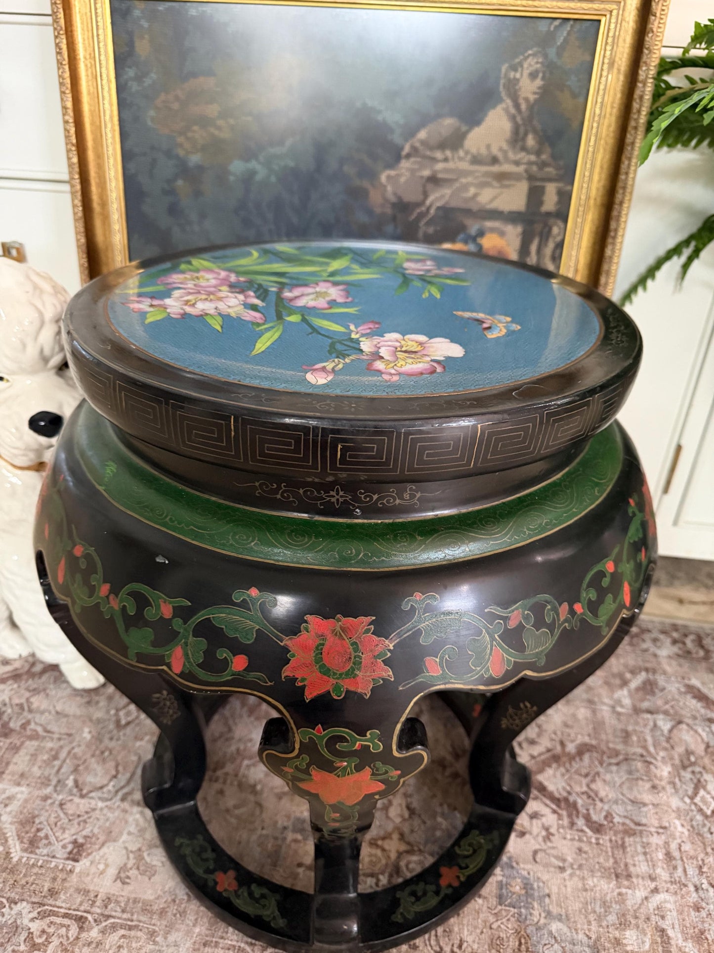 Cloisonné side table vintage Asian side table Black Laquer gold inlay table made in Beijing