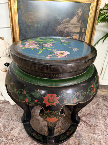 Cloisonné side table vintage Asian side table Black Laquer gold inlay table made in Beijing