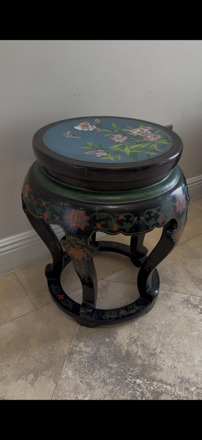 Cloisonné side table vintage Asian side table Black Laquer gold inlay table made in Beijing
