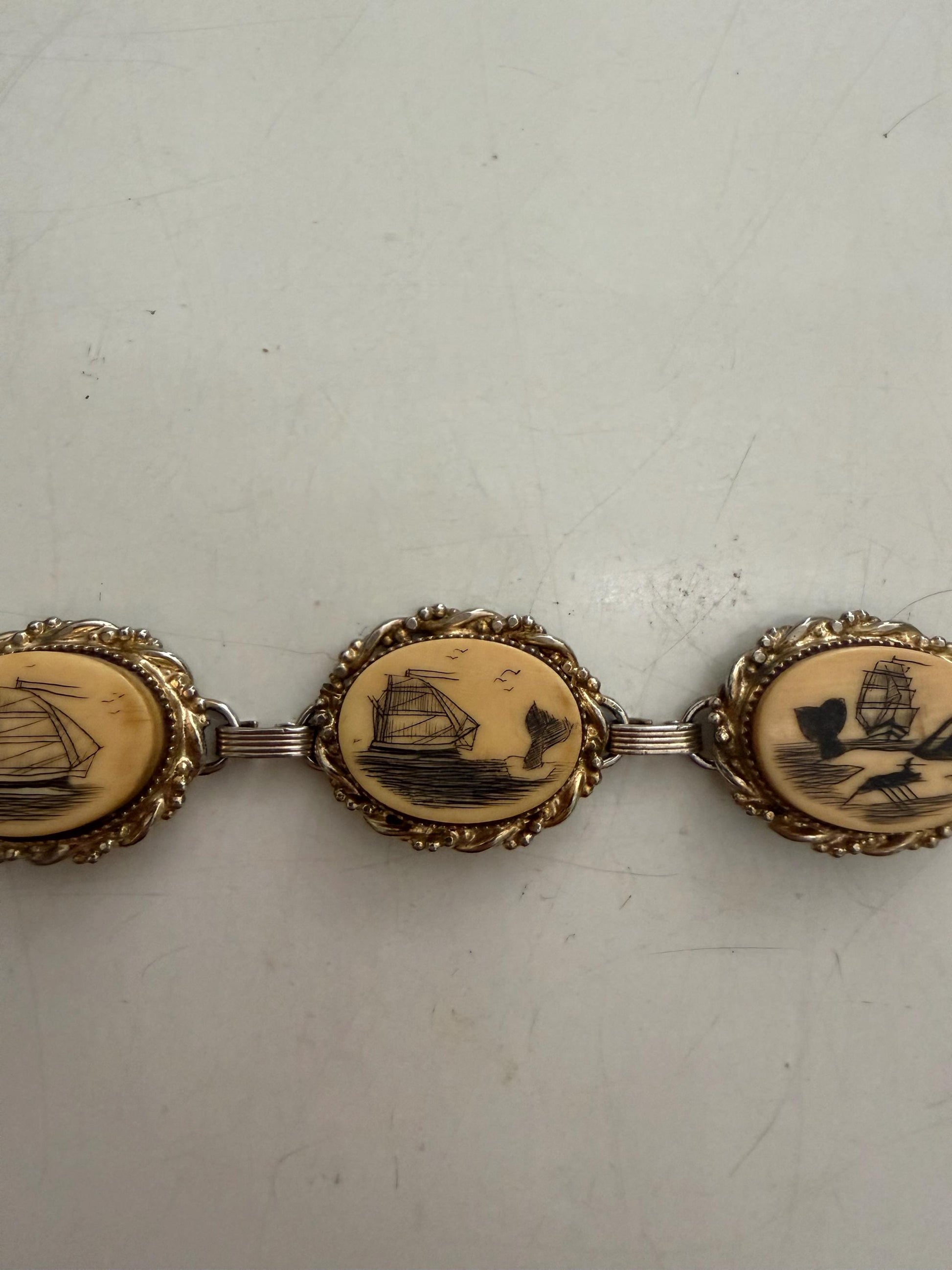 Vintage Nautical Scrimshaw Style Link Bracelet – Sailboat & Lighthouse Panels – Maritime Coastal Jewelry – Gold Tone Statement Bracelet