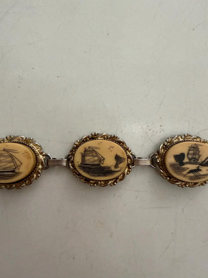 Vintage Nautical Scrimshaw Style Link Bracelet – Sailboat & Lighthouse Panels – Maritime Coastal Jewelry – Gold Tone Statement Bracelet