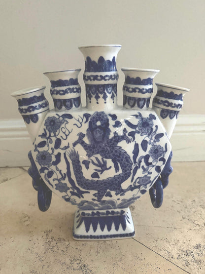 Dragon vase blue white tulipiere vintage flower vase blue white