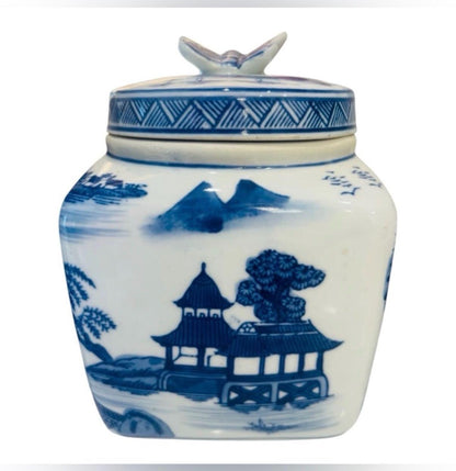 Blue willow canister set blue white kitchen canisters butterfly lid blue white jars set vintage chinoserie
