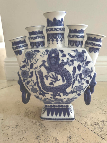 Dragon vase blue white tulipiere vintage flower vase blue white