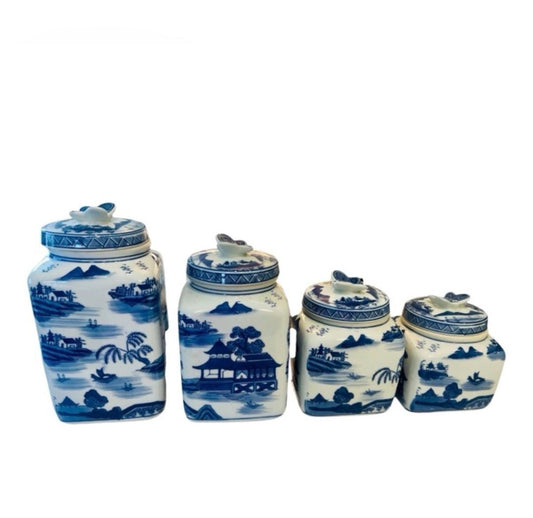 Blue willow canister set blue white kitchen canisters butterfly lid blue white jars set vintage chinoserie