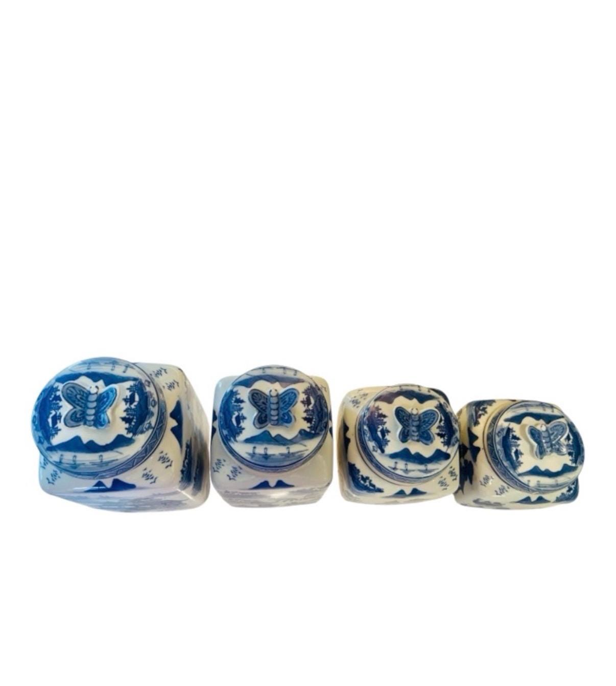 Blue willow canister set blue white kitchen canisters butterfly lid blue white jars set vintage chinoserie