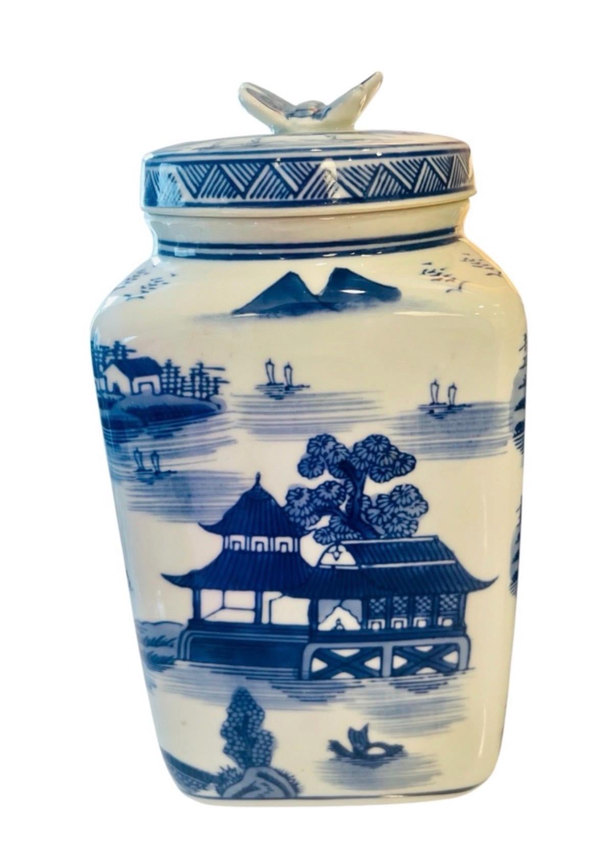 Blue willow canister set blue white kitchen canisters butterfly lid blue white jars set vintage chinoserie