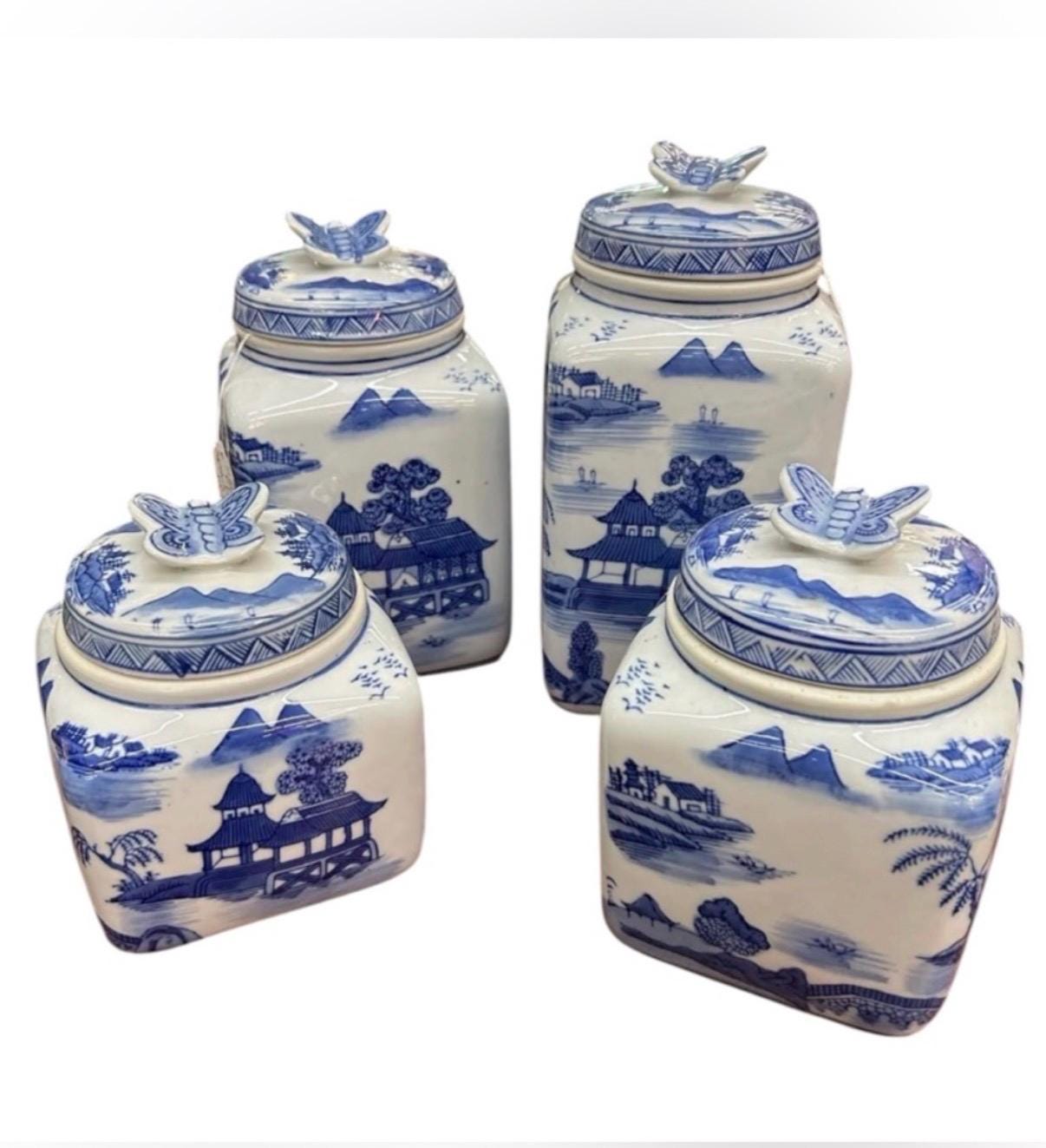 Blue willow canister set blue white kitchen canisters butterfly lid blue white jars set vintage chinoserie