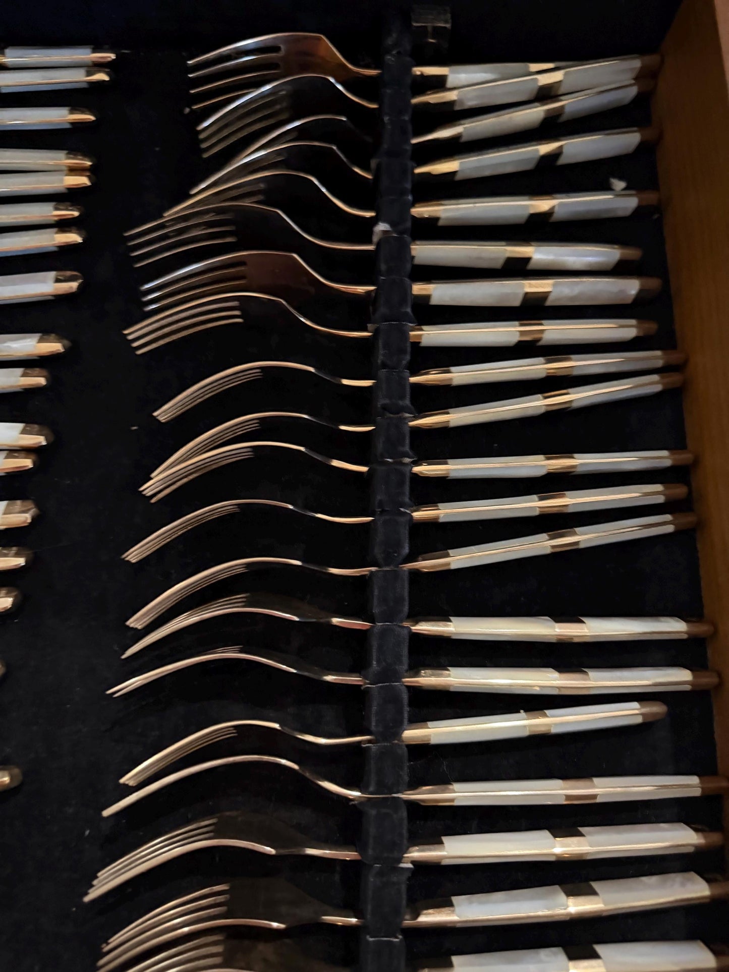 Mother of pearl vintage flatware 116 piece set with original wood case mother of pearl and gold flatware plus hostess pieces