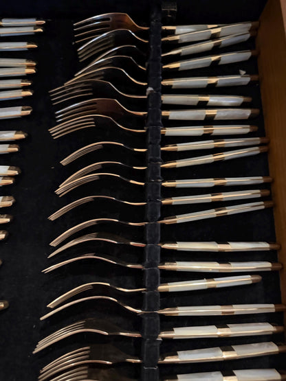 Mother of pearl vintage flatware 116 piece set with original wood case mother of pearl and gold flatware plus hostess pieces