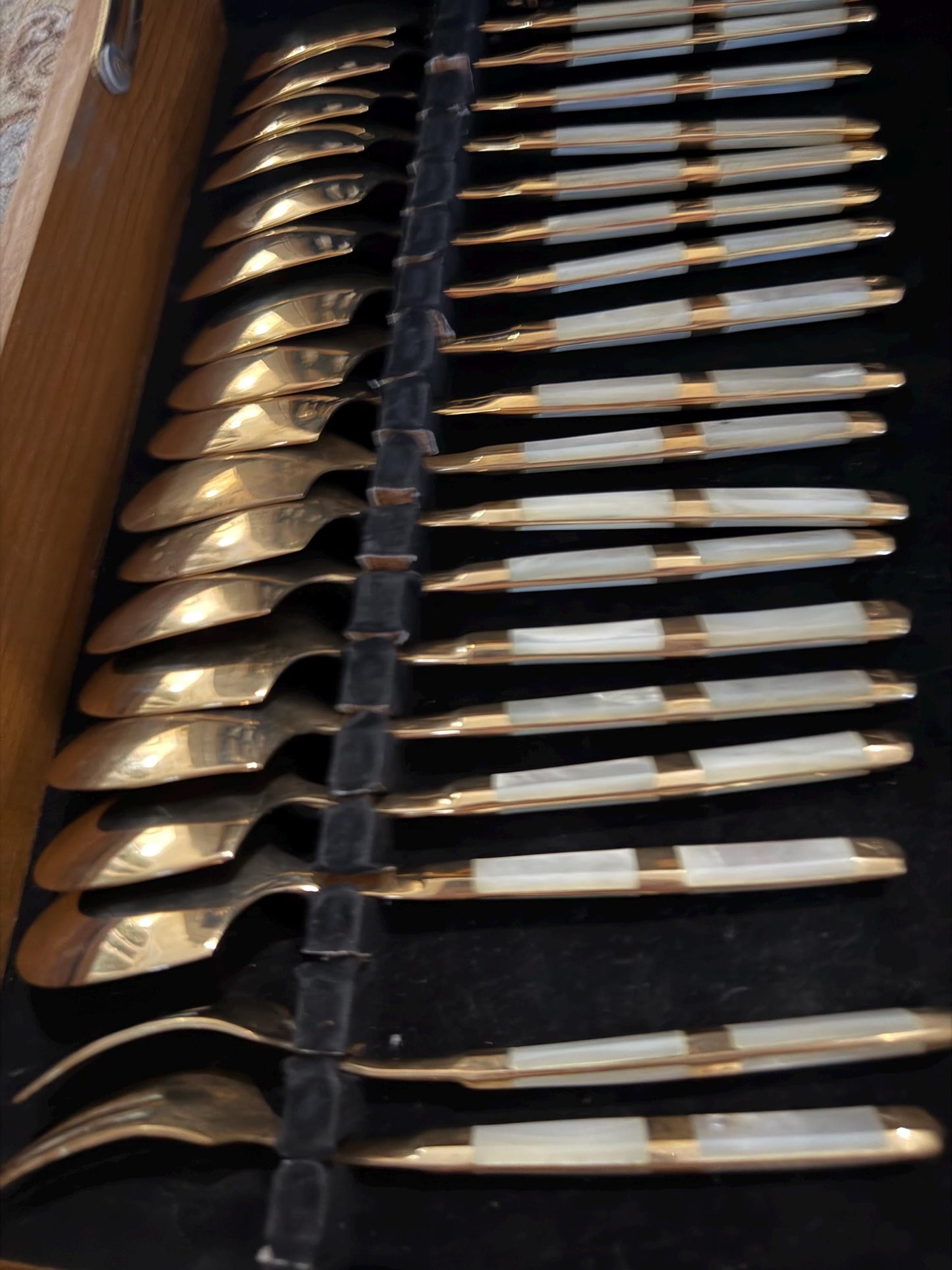 Mother of pearl vintage flatware 116 piece set with original wood case mother of pearl and gold flatware plus hostess pieces
