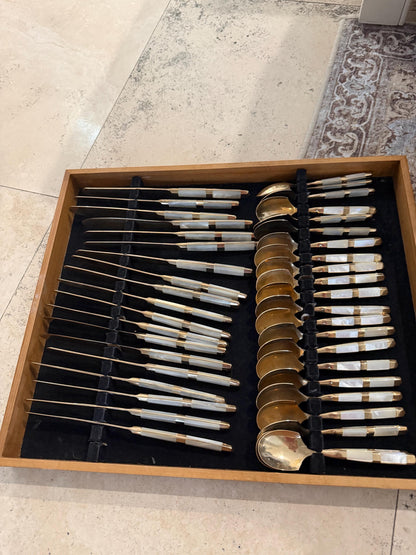 Mother of pearl vintage flatware 116 piece set with original wood case mother of pearl and gold flatware plus hostess pieces