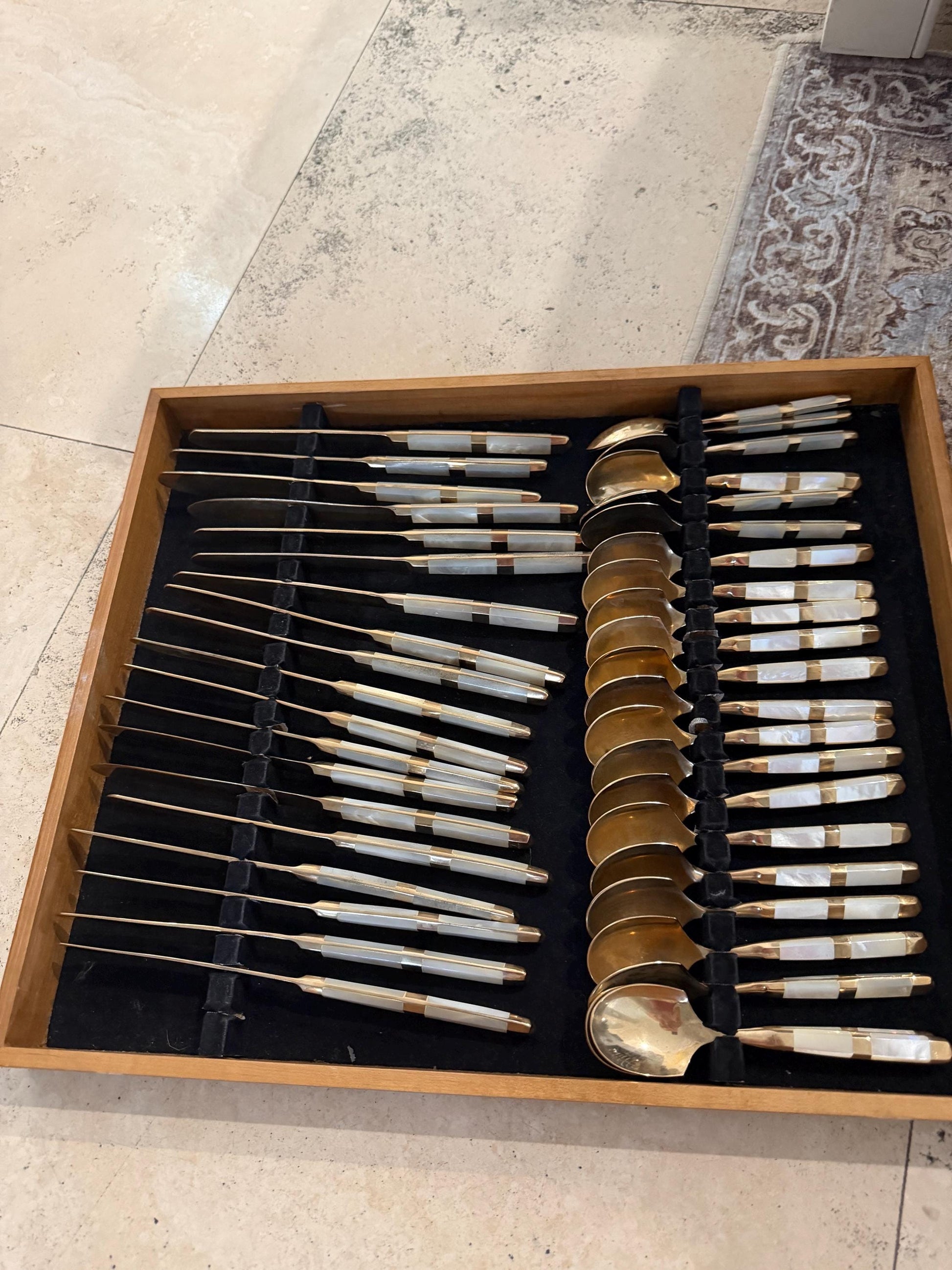 Mother of pearl vintage flatware 84 piece set with original wood case mother of pearl and gold flatware plus hostess pieces