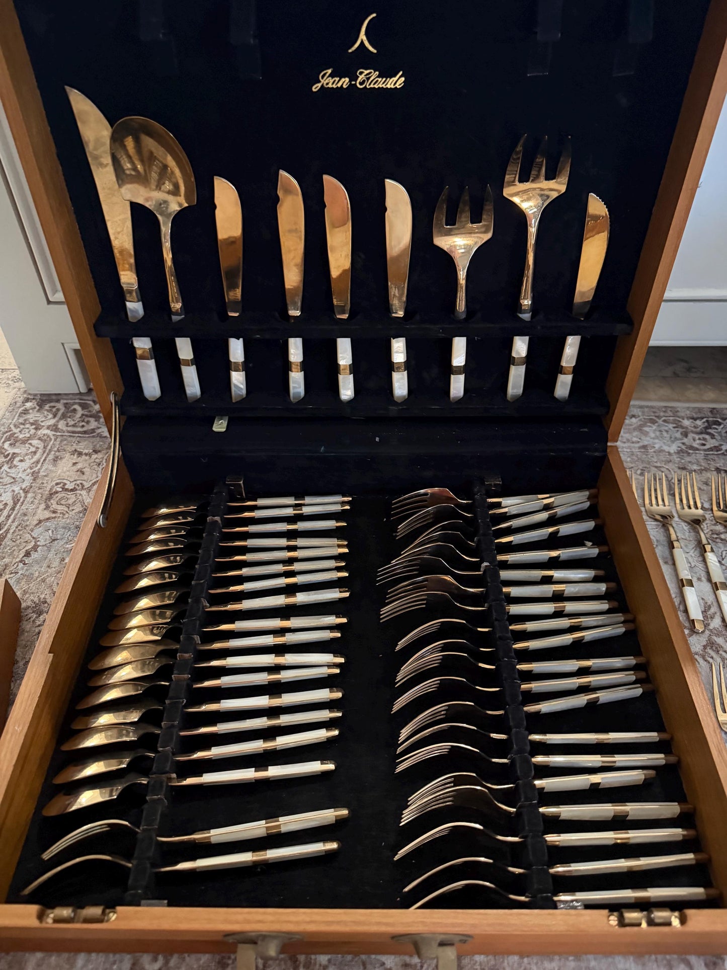 Mother of pearl vintage flatware 116 piece set with original wood case mother of pearl and gold flatware plus hostess pieces