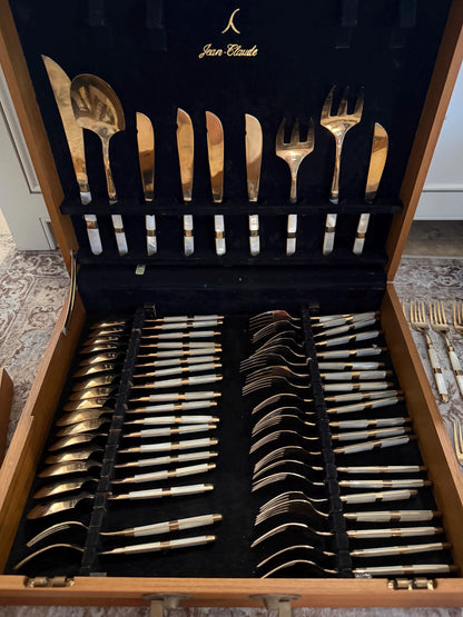 Mother of pearl vintage flatware 116 piece set with original wood case mother of pearl and gold flatware plus hostess pieces