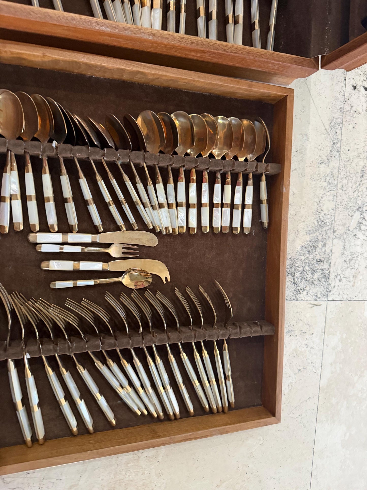 Mother of pearl vintage flatware 84 piece set with original wood case mother of pearl and gold flatware plus hostess pieces