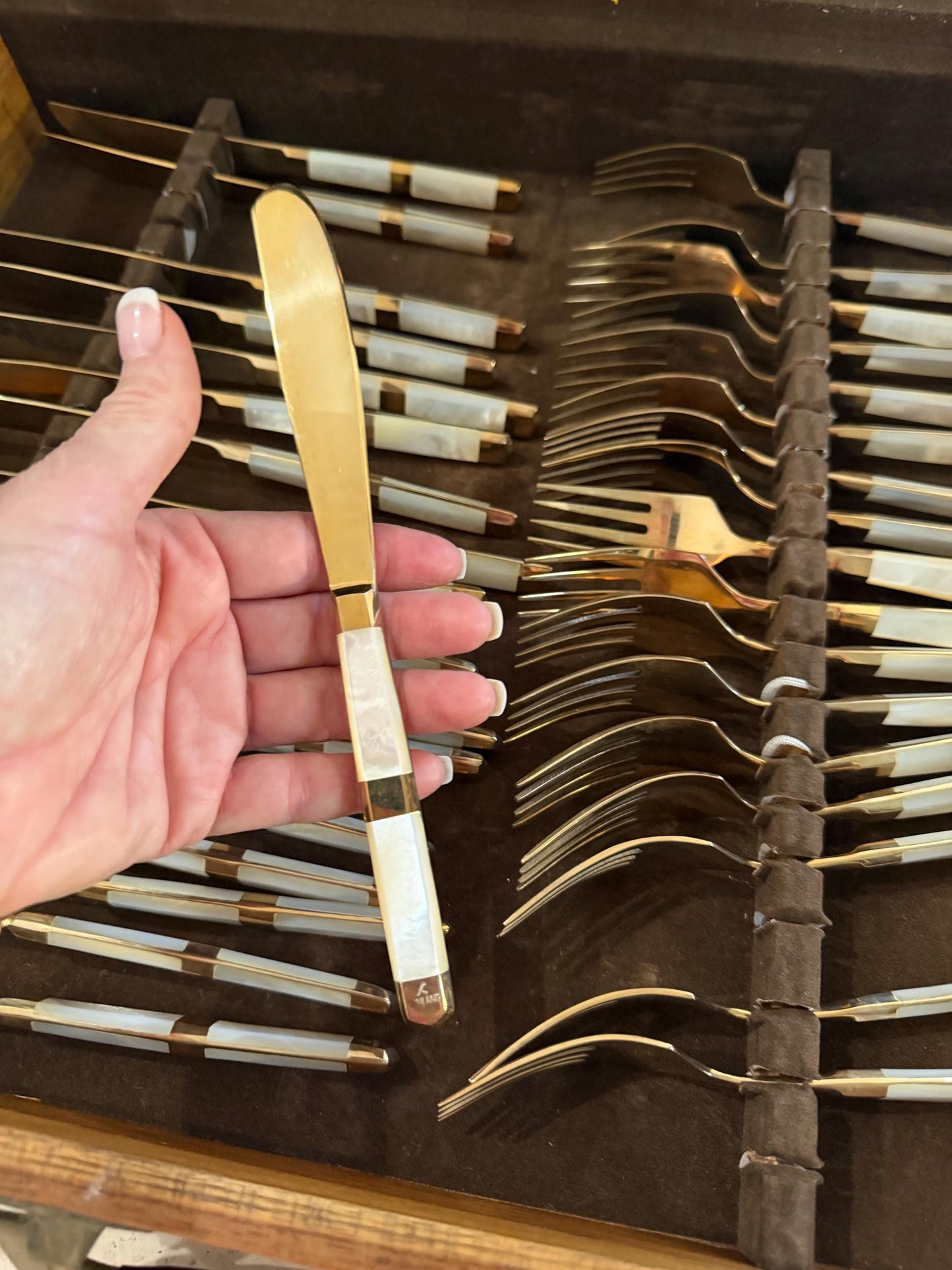 Mother of pearl vintage flatware 84 piece set with original wood case mother of pearl and gold flatware plus hostess pieces