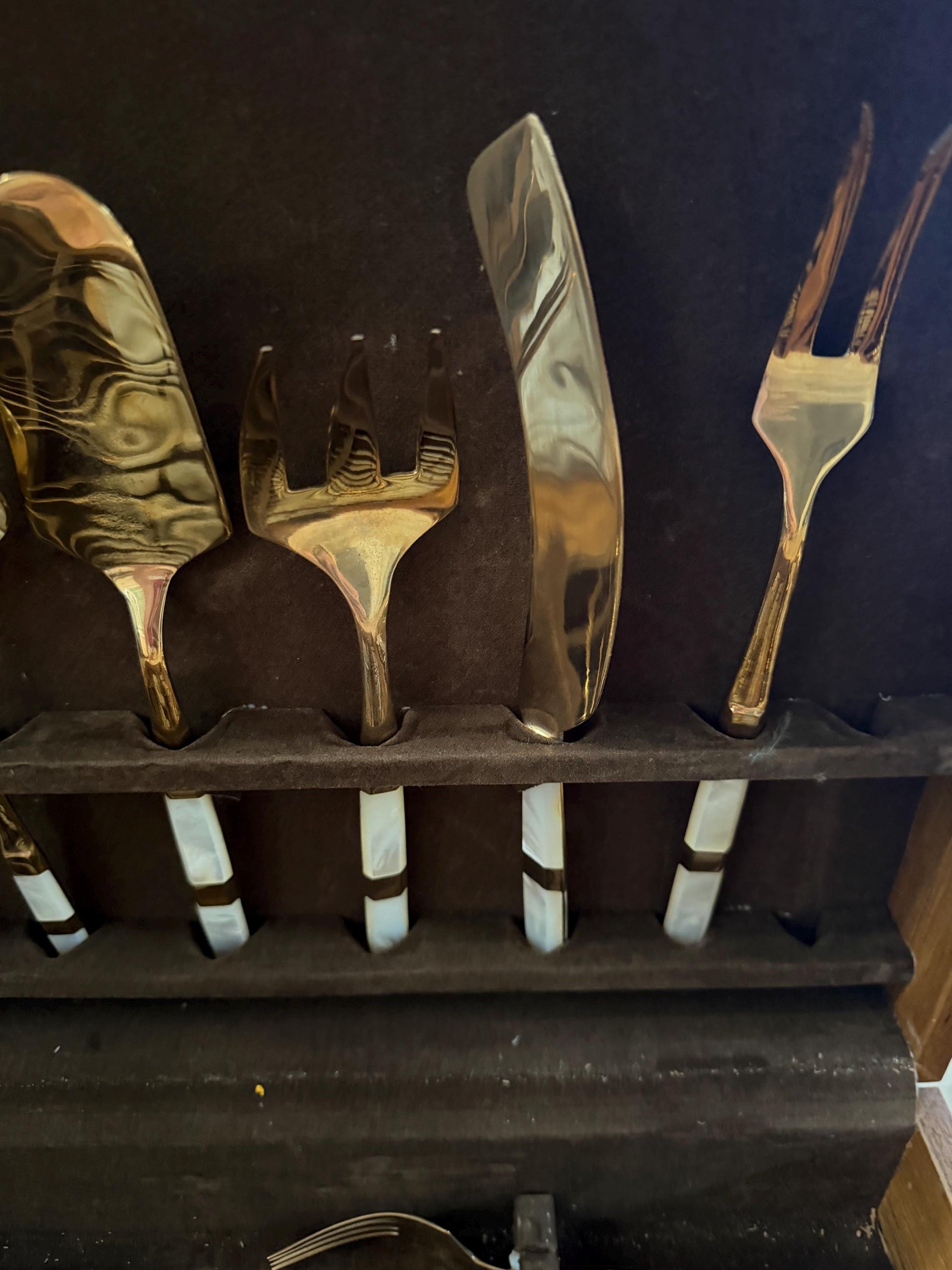Mother of pearl vintage flatware 84 piece set with original wood case mother of pearl and gold flatware plus hostess pieces