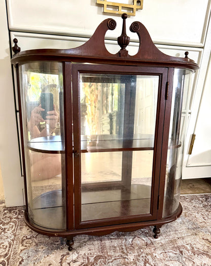 Vintage Butler Curved Glass Wall Curio Cabinet | Mahogany Display Cabinet | Federal Style Mirrored Vitrine