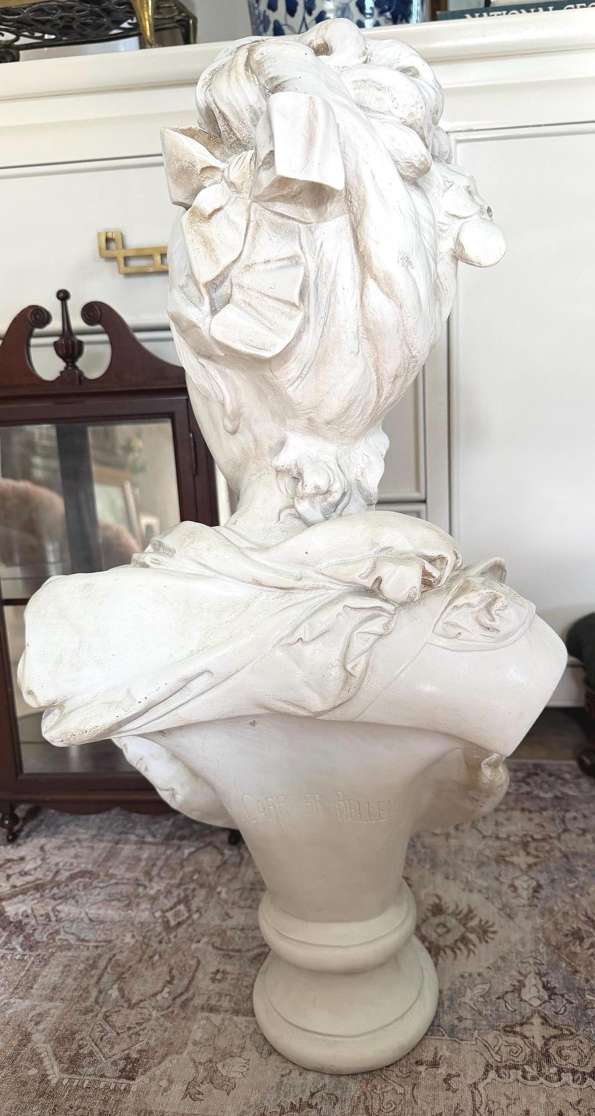 Large Female Bust After Carrier-Belleuse, Floral Woman Sculpture, Neoclassical Composite Statue, French Style Decor