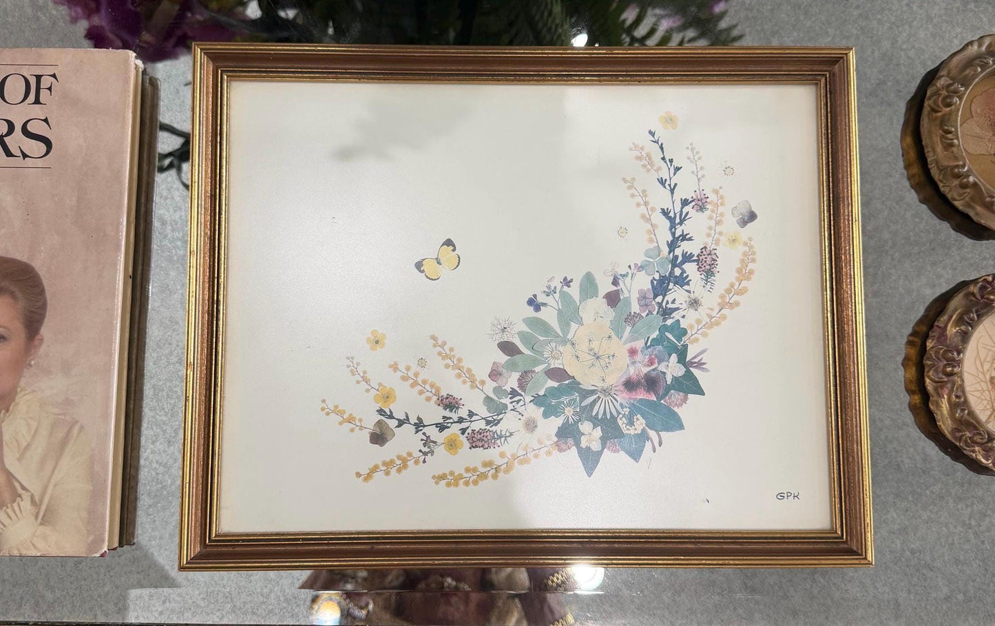 Vintage Princess Grace of Monaco Pressed Flower Art Print Framed Grace Kelly GPK Botanical Butterfly Collage